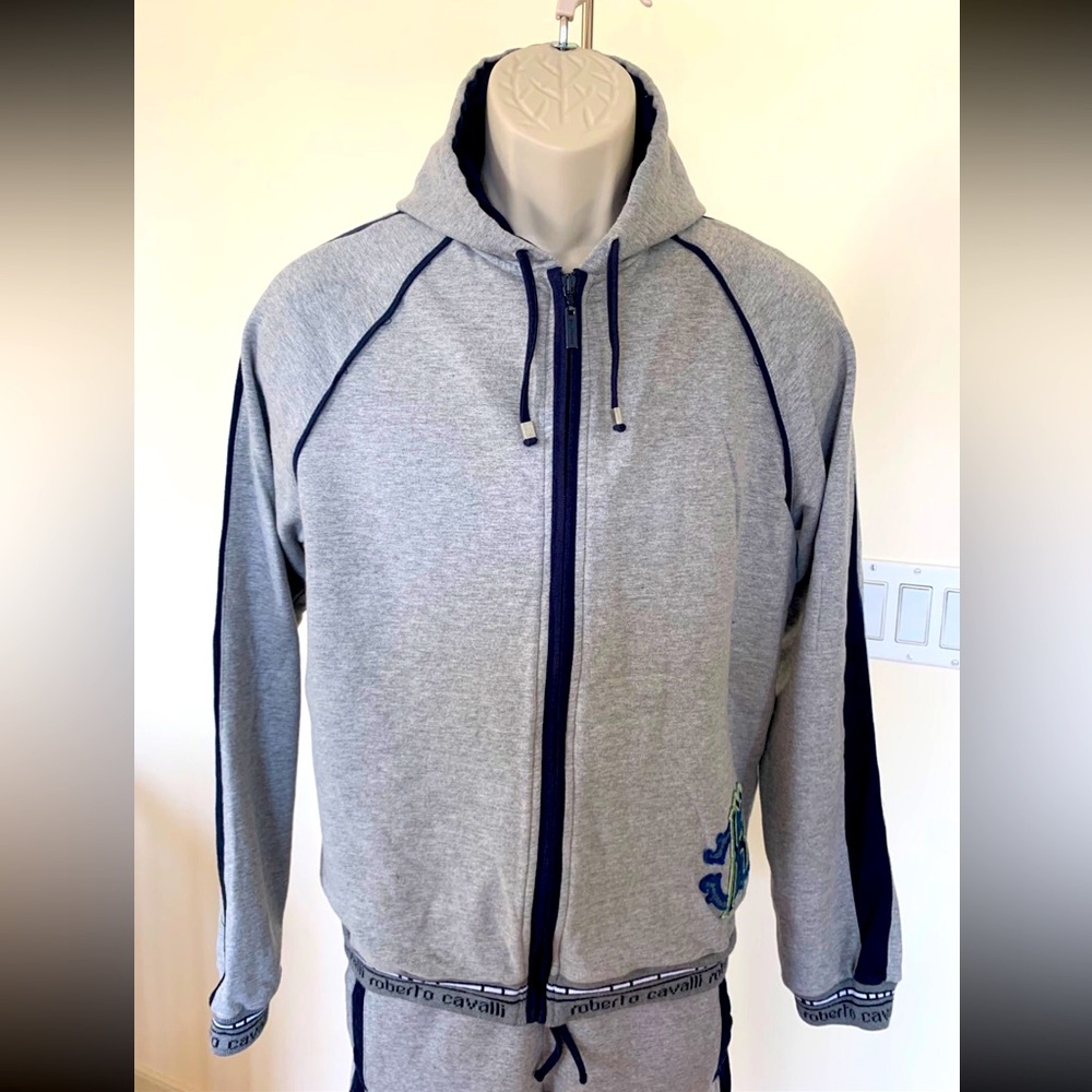 Roberto Cavalli Big Boys Kids Gray Navy Tracksuit Jacket Hoodie Sweatshirt Sz M